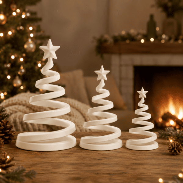 Weiße Spiral Weihnachtsbäume in 10 cm, 15 cm und 20 cm Größenvergleich