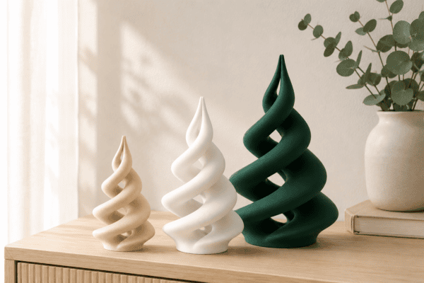 Drei moderne Spiralbäume als skandinavische Sideboard-Deko