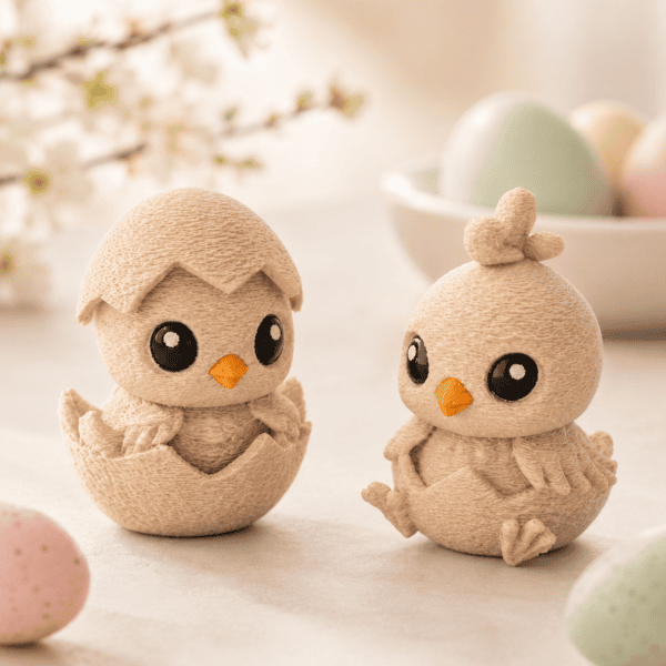 Zwei niedliche Osterküken im Ei als Osterdeko mit pastellfarbenen Eiern und Frühlingszweigen