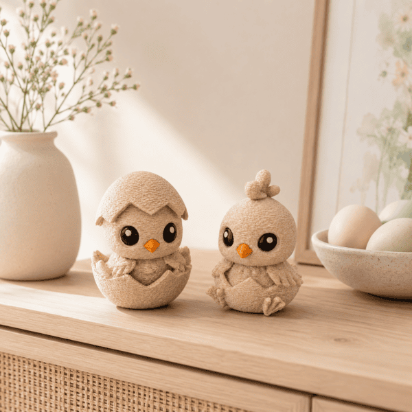Osterküken im Ei als moderne Frühlingsdeko auf einem Holzregal im Wohnraum