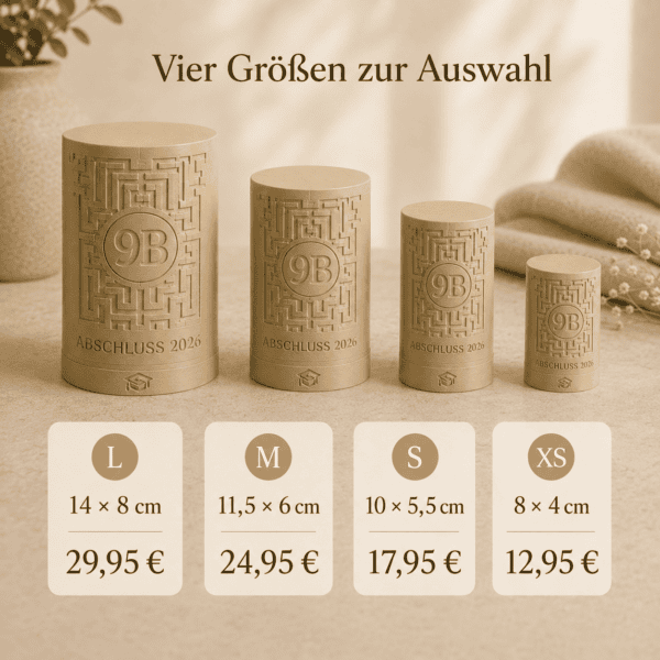 Größen- und Preisübersicht der Labyrinth-Abschlussbox – personalisiertes Schulabschlussgeschenk