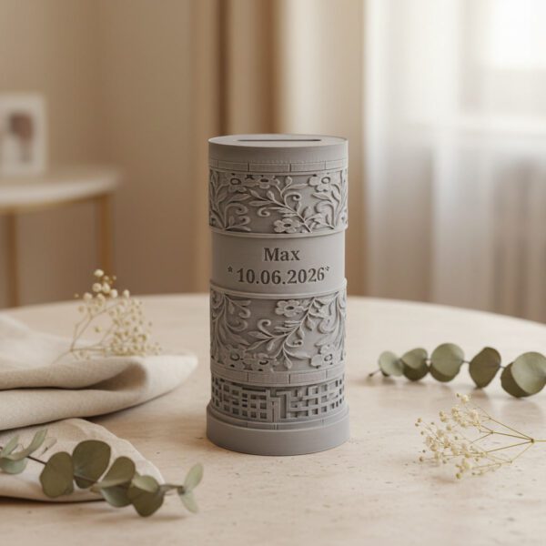 Personalisierte Geldgeschenkbox zur Konfirmation mit Blumenmuster in Grau