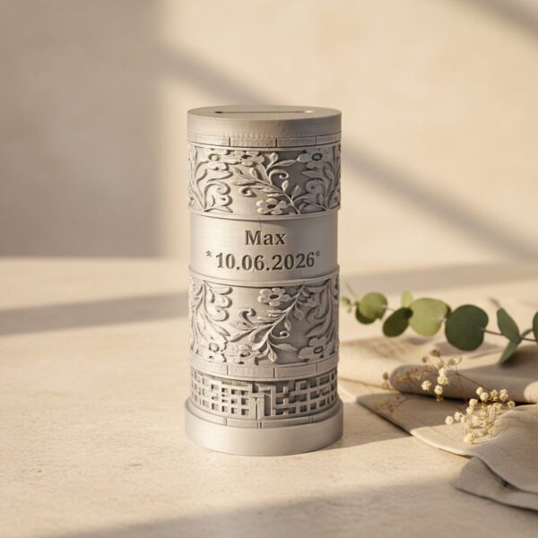 Personalisierte Geldgeschenkbox zur Konfirmation mit Blumenmuster in Silber
