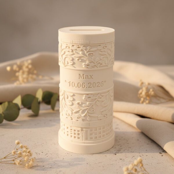 Personalisierte Geldgeschenkbox zur Konfirmation mit Blumenmuster in Weiß