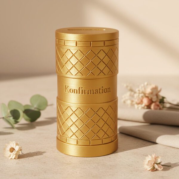 Personalisierte Geldgeschenkbox zur Konfirmation im Rautendesign in Gold