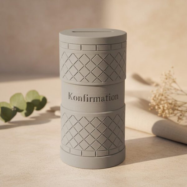 Personalisierte Geldgeschenkbox zur Konfirmation im Rautendesign in Grau