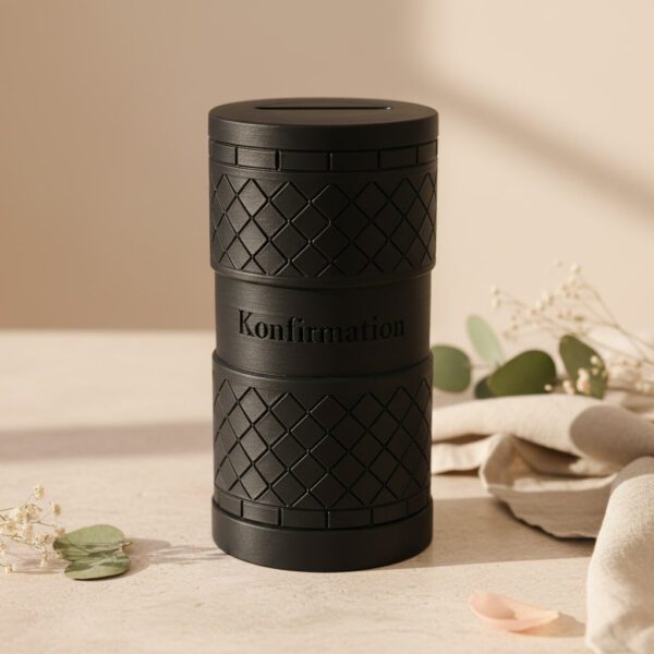 Personalisierte Geldgeschenkbox zur Konfirmation im Rautendesign in Schwarz