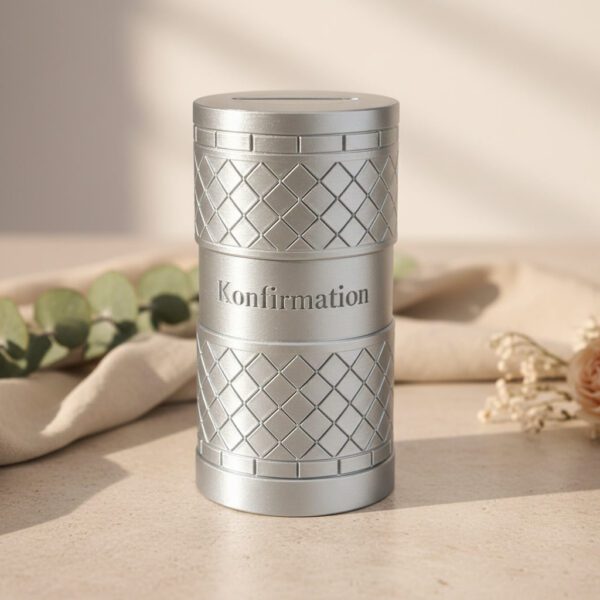 Personalisierte Geldgeschenkbox zur Konfirmation im Rautendesign in Silber
