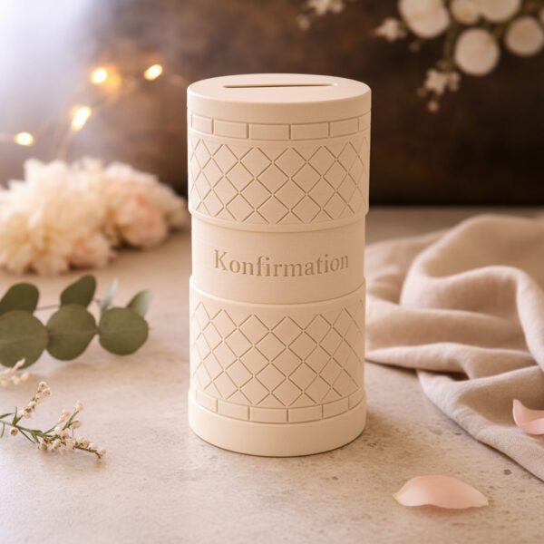 Personalisierte Geldgeschenkbox zur Konfirmation im Rautendesign in Weiß