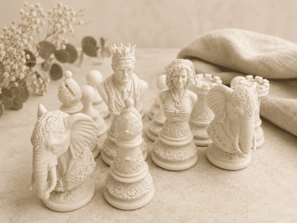 Individuelles Resin-Schachset mit Elefantenfigur, Turm, Läufern und Bauern